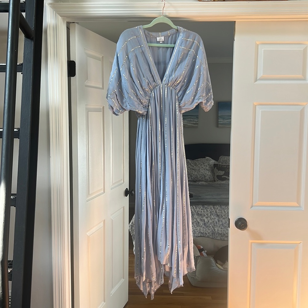 Light blue with gold stripe detail flowy maxi dress